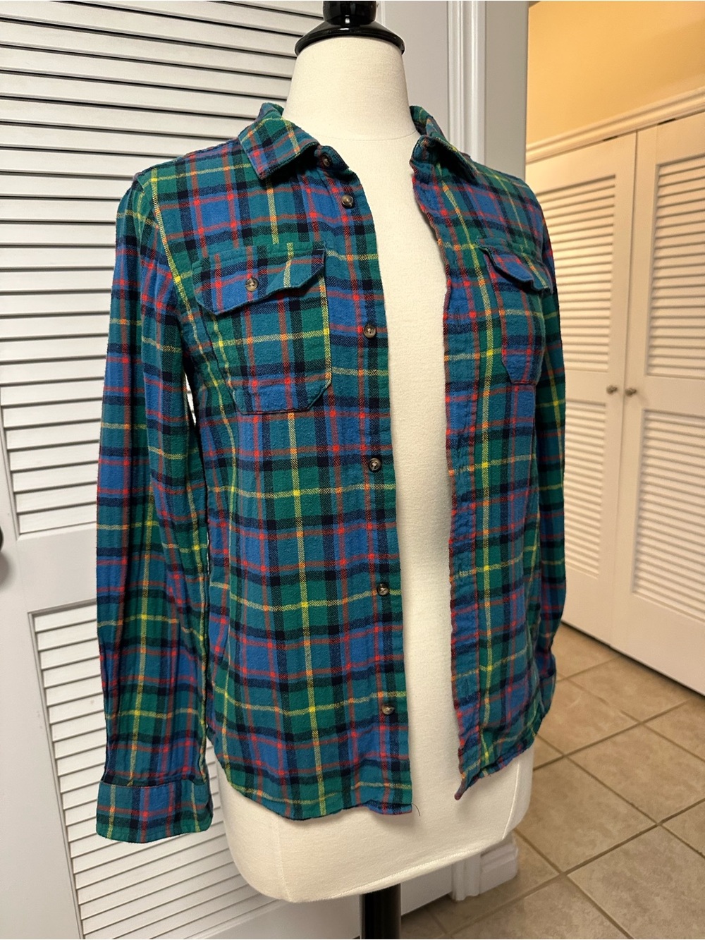 Grunge Blue and Green Plaid Button-Up Shirt